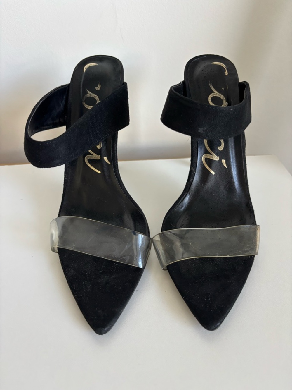 Black Women's Pointed Toe Slide Heels with Clear Strap